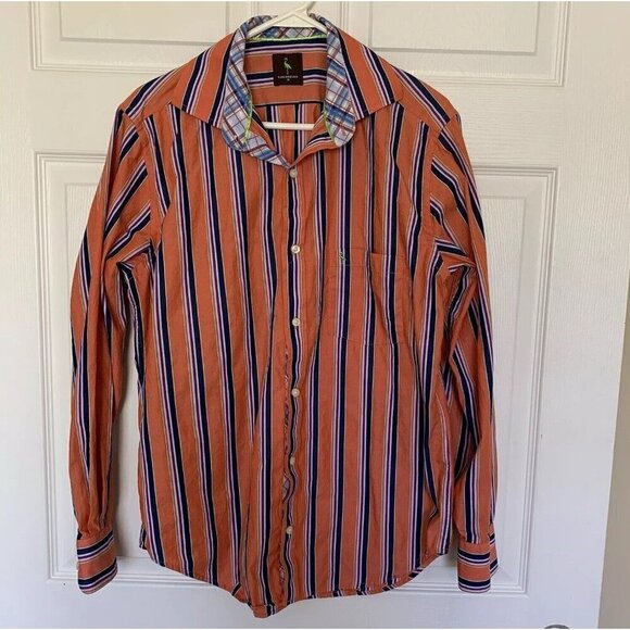 Tailorbyrd Men’s Medium Flip Cuff Long Sleeve Shirt Orange Stripe Button - Picture 1 of 9